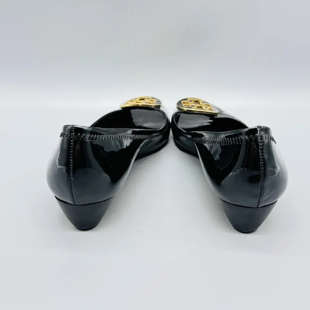 Tory Burch Shoes Womens 8 Black Patent Wedge Heel Pumps Peep Toe Logo Flats